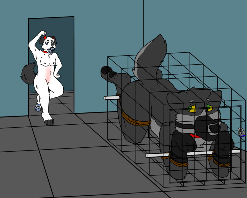 2021 5:4 all_fours ambiguous_gender anthro arms_tied black_nose black_pawpads blue_eyes blue_nose blue_pawpads blue_tongue bound breasts brown_rope cage canid canine canis collar detailed_background domestic_dog duo featureless_crotch female gag gagged inside legs_tied lock mammal muzzle_(object) muzzled nipples nude padlock pawpads red_collar rope standing submissive submissive_ambiguous submissive_anthro thatguyssins tile_floor tongue