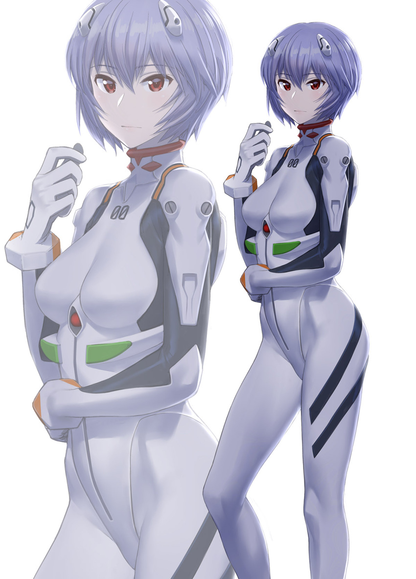 1girl ayanami_rei blue_hair bodysuit breasts hairpods highres interface_headset minazuki_juuzou neon_genesis_evangelion pilot_suit plugsuit red_eyes short_hair small_breasts standing white_background white_bodysuit zoom_layer