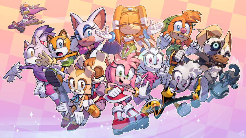 6+girls absurdres adventures_of_sonic_the_hedgehog amy_rose animal_ears bat_ears bat_wings beak blaze_the_cat breasts bunny_ears bunny_girl cat_ears cat_girl character_request cream_the_rabbit english_commentary evan_stanley eyelashes eyeshadow eyewear_on_head fang flat_chest freckles furry group_picture highres hover_board jumping long_eyelashes makeup marine_the_raccoon multiple_girls official_art rouge_the_bat second-party_source small_breasts sonic_(series) sunglasses tangle_the_lemur tikal_the_echidna vanilla_the_rabbit wave_the_swallow whisper_the_wolf wings women's_day