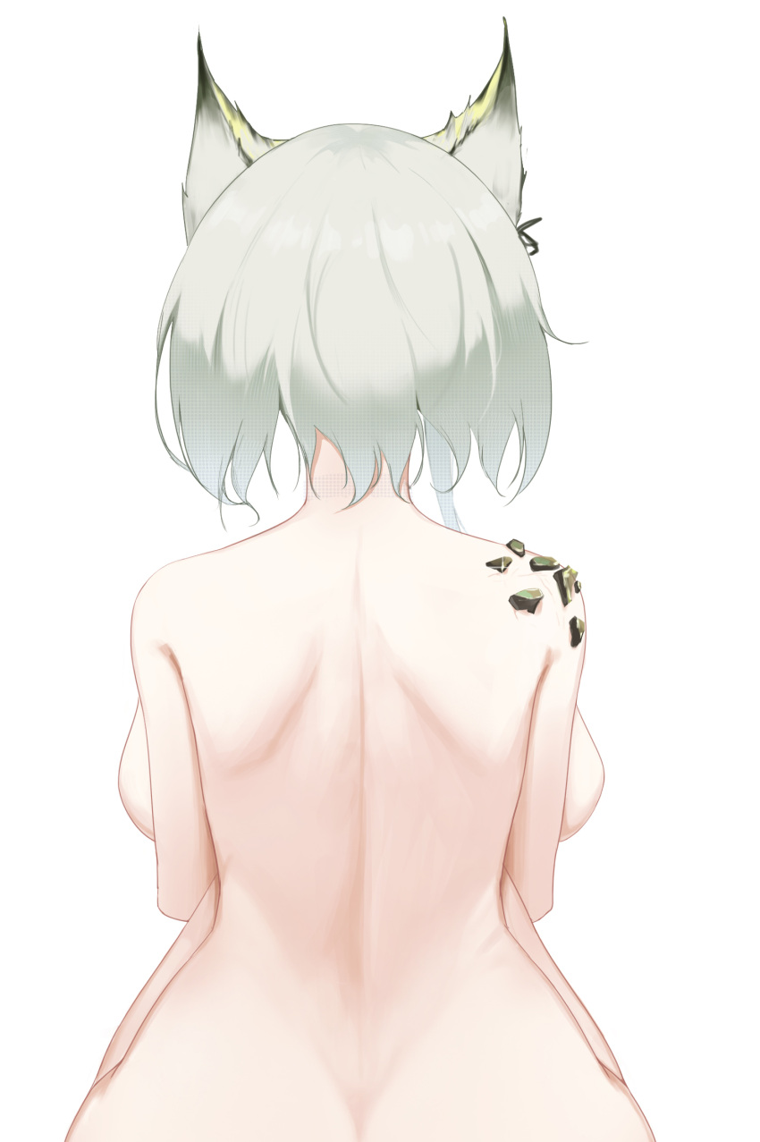 1girl animal_ears arknights back backboob breasts commentary_request from_behind highres kal'tsit_(arknights) large_breasts lynx_ears nude oripathy_lesion_(arknights) ruyouguizhu short_hair silver_hair sitting solo upper_body