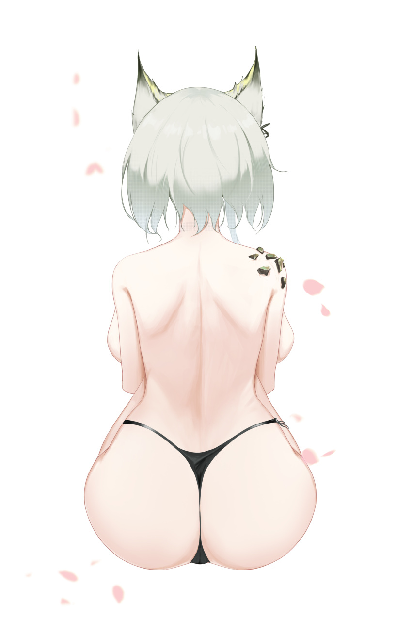 1girl absurdres animal_ears arknights ass back backboob black_panties breasts commentary_request from_behind highres kal'tsit_(arknights) large_breasts lynx_ears oripathy_lesion_(arknights) panties ruyouguizhu short_hair silver_hair sitting solo topless underwear
