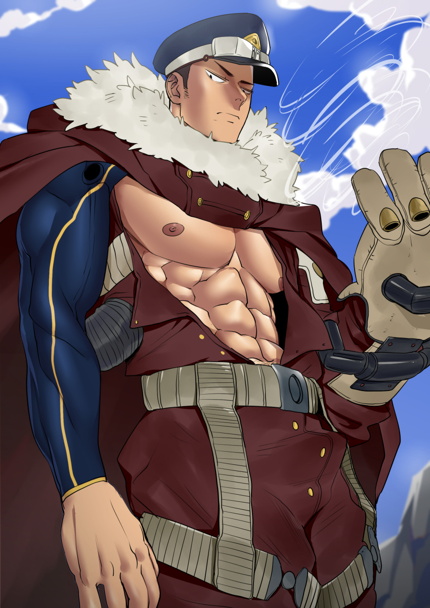 1boy abs absurdres alternate_pectoral_size bara bare_pecs blue_bodysuit bodysuit boku_no_hero_academia bulge cape cowboy_shot fur-trimmed_cape fur_trim hat highres kepi large_pectorals looking_at_viewer male_focus military_hat muscular muscular_male nipples open_clothes reward_available short_hair sideburns solo stomach suyobara yoarashi_inasa