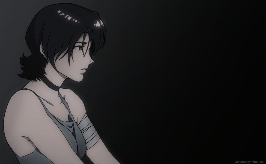 1girl absurdres artist_name bandaged_arm bandages bangs bare_shoulders black_choker black_eyes breasts choker closed_mouth collarbone commentary cowboy_bebop dark_background derivative_work electra_ovilo english_commentary foton-ike from_side grey_shirt hair_between_eyes highres lips looking_away shirt short_hair simple_background sleeveless sleeveless_shirt solo upper_body