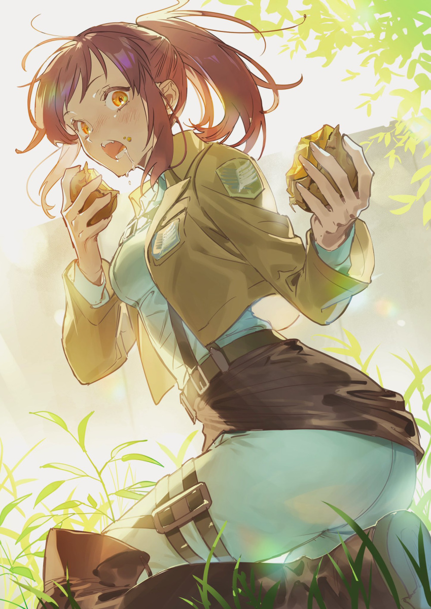 1girl belt bikkusama boots brown_footwear brown_hair brown_jacket chest_strap collared_jacket collared_shirt eating emblem food food_on_face highres holding holding_food jacket knee_boots kneeling lens_flare long_hair long_sleeves military military_uniform open_mouth orange_eyes pants paradis_military_uniform plant ponytail saliva sasha_braus shingeki_no_kyojin shirt shirt_tucked_in solo survey_corps_(emblem) suspenders thigh_strap uniform white_pants white_shirt