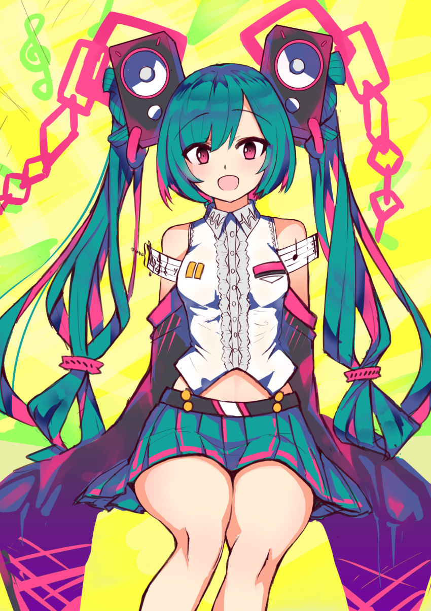 1girl absurdres bangs blue_skirt breasts collared_shirt commentary detached_sleeves eyebrows_visible_through_hair hatsune_miku highres i.takashi multicolored_hair open_mouth pink_eyes pink_hair shirt sitting skirt sleeveless sleeveless_shirt sleeves_past_fingers sleeves_past_wrists small_breasts solo speaker streaked_hair treble_clef twintails vocaloid