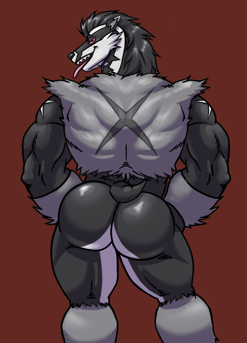 anthro black_body black_fur butt butt_focus fur grey_body grey_fur hi_res hunnipanda looking_at_viewer looking_back male muscular muscular_anthro muscular_male narrowed_eyes nintendo obstagoon open_mouth pink_sclera pink_tongue pok&eacute;mon pok&eacute;mon_(species) rear_view red_background simple_background solo teeth tongue tongue_out video_games white_body white_fur