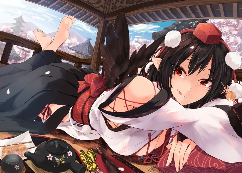 1girl arm_rest arms_up back_bow bare_shoulders barefoot bow breasts bridal_gauntlets brown_hair bug butterfly crossed_ankles cup day detached_sleeves dutch_angle feet_up fisheye food food_on_face hand_rest hat hip_vent insect japanese_clothes kagami_toufu kourindou_tengu_costume long_sleeves looking_at_viewer lying medium_breasts medium_hair obi on_stomach pointy_ears pom_pom_(clothes) red_eyes red_sash sash seductive_smile shameimaru_aya side-tie_bottom sidelocks smile soles solo teacup teapot the_pose toes tokin_hat tongue tongue_out touhou wide_sleeves wings