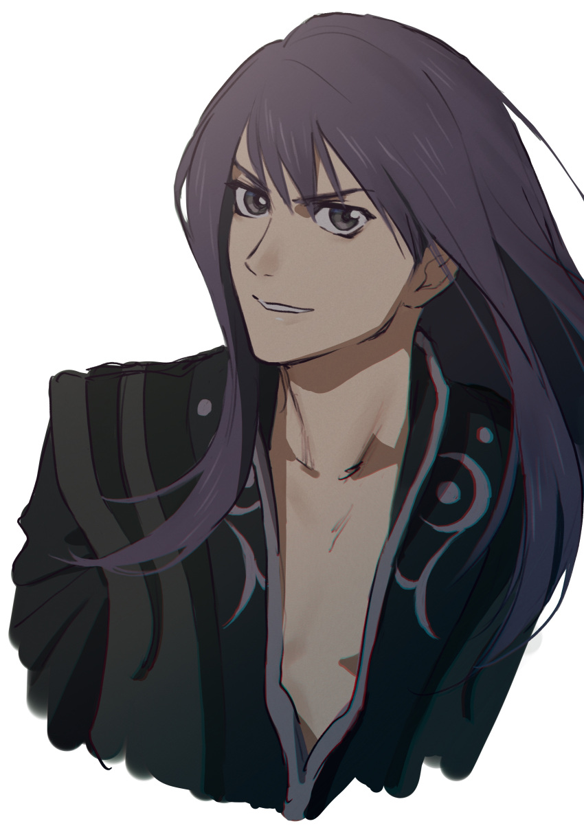 1boy absurdres bangs black_eyes black_hair black_jacket collarbone cropped_torso eyebrows_visible_through_hair floating_hair highres jacket long_hair male_focus mosako smile solo tales_of_(series) tales_of_vesperia upper_body v-shaped_eyebrows white_background yuri_lowell