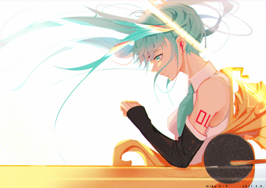 1girl 39 airpods arm_tattoo blue_eyes blue_neckwear breasts chinese_commentary clenched_hand dated detached_sleeves floating_hair from_side hatsune_miku highres jijing_zishui looking_down necktie sitting small_breasts smile solo sunlight tattoo twintails vocaloid white_background