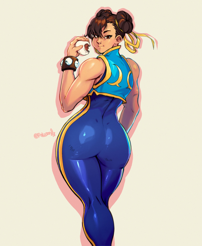 1girl absurdres alternate_costume ass baozi bare_shoulders bodysuit brown_eyes capcom chun-li eating food highres leotard lips looking_at_viewer looking_back relusionh sleeveless solo solo_focus street_fighter street_fighter_zero_(series) studded_bracelet thighs