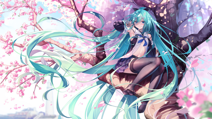 aqua_eyes aqua_hair blush cherry_blossoms collar cosplay flowers hatsune_miku kantai_collection long_hair navel open_shirt petals pupupu school_uniform skirt spring thighhighs tree vocaloid