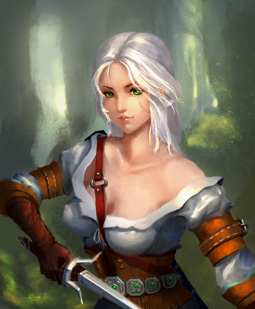 1girl blouse ciri corset gloves green_eyes hair_bun highres holding holding_sword holding_weapon leather leather_gloves looking_at_viewer pale_skin scar shabeyin silver_hair sword the_witcher tied_hair weapon white_blouse