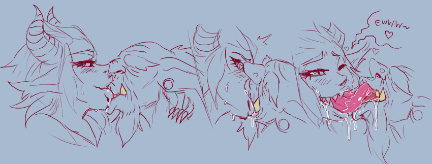 bodily_fluids dialogue drooling duo female goblin hi_res horn humanoid kissing long_tongue male male/female not_furry old saliva sketch_page speech_bubble sweat tiefling tongue toothless_mouth ungulatr