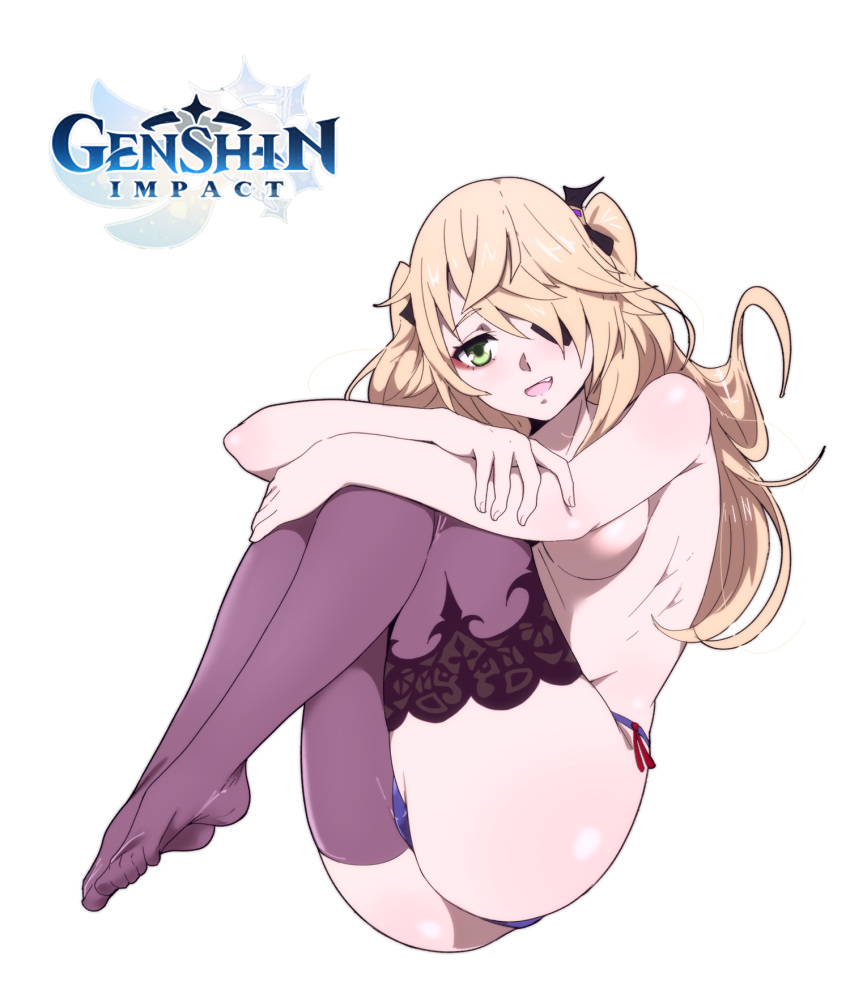 1girl bare_arms bare_back bare_shoulders black_legwear black_nails blonde_hair blue_panties eyepatch feet fischl_(genshin_impact) genshin_impact green_eyes headgear highres long_hair looking_at_viewer no_bra no_shoes open_mouth panties pantyhose sbel02 soles thighhighs topless twintails underwear
