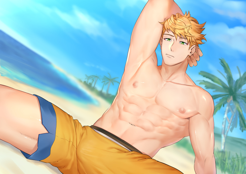 1boy abs absurdres arm_behind_head armpits bara bare_pecs beach blonde_hair bulge day feet_out_of_frame granblue_fantasy highres male_focus male_swimwear muscular muscular_male navel nipples official_alternate_costume orange_male_swimwear outdoors pectorals shiny shiny_skin short_hair sitting solo spiked_hair spread_legs stomach swim_briefs swimwear thick_thighs thighs vane_(granblue_fantasy) zhineart