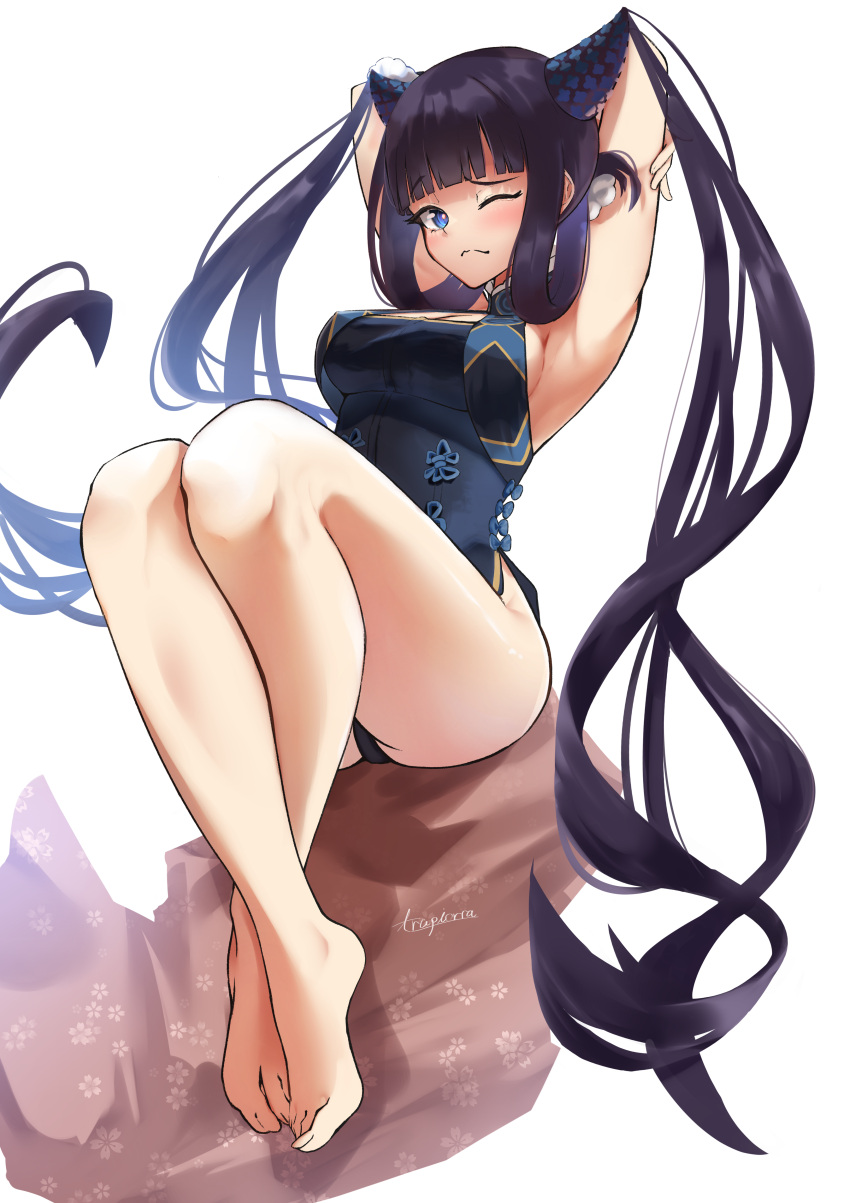 1girl absurdres armpits arms_behind_head arms_up bangs bare_shoulders barefoot black_dress blue_eyes blush breasts china_dress chinese_clothes cleavage detached_sleeves dress fate/grand_order fate_(series) feet hair_ornament highres large_breasts legs long_hair looking_at_viewer one_eye_closed purple_hair side_slit sidelocks trapiorra twintails very_long_hair yang_guifei_(fate)