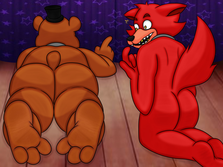 4:3 animatronic anthro butt butt_focus canid canine feet five_nights_at_freddy's foot_fetish fox foxy_(fnaf) freddy_(fnaf) hi_res machine male male/male mammal paws robot smashcuenta123 toes ursid video_games wrinkled_feet