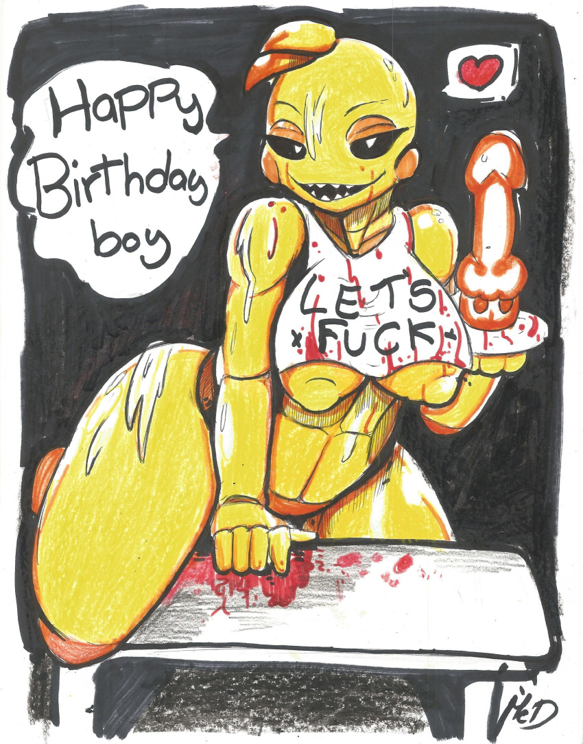 &lt;3 absurd_res animatronic avian bird birthday cake chicken dessert female five_nights_at_freddy's five_nights_at_freddy's_2 food galliform gallus_(genus) hi_res looking_at_viewer machine mcdave19 nude phasianid robot solo text toy_chica_(fnaf) video_games yellow_body
