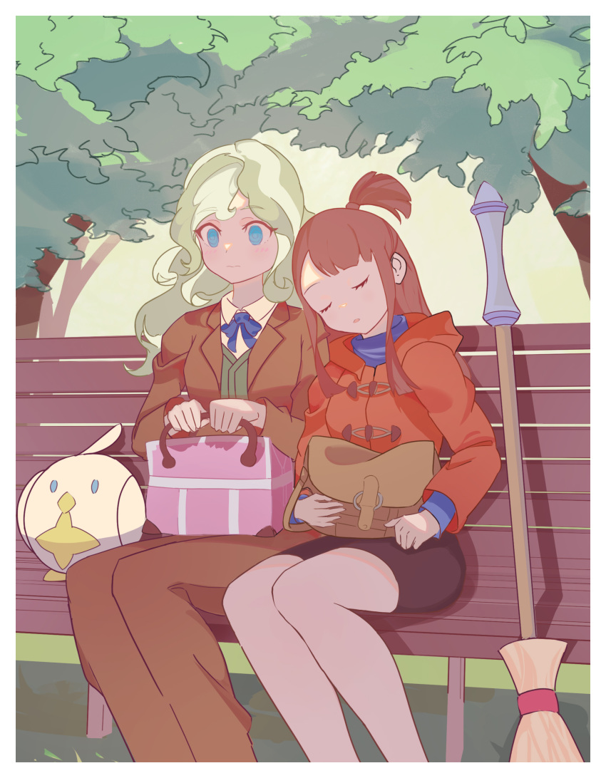 2girls absurdres alternate_costume bench blonde_hair blue_eyes blush broom brown_hair closed_eyes couple diana_cavendish embarrassed formal highres kagari_atsuko little_witch_academia mu_liu_zi multicolored_hair multiple_girls open_mouth shade sitting sleeping stuffed_toy suit surprised tree tree_shade two-tone_hair wavy_hair yuri