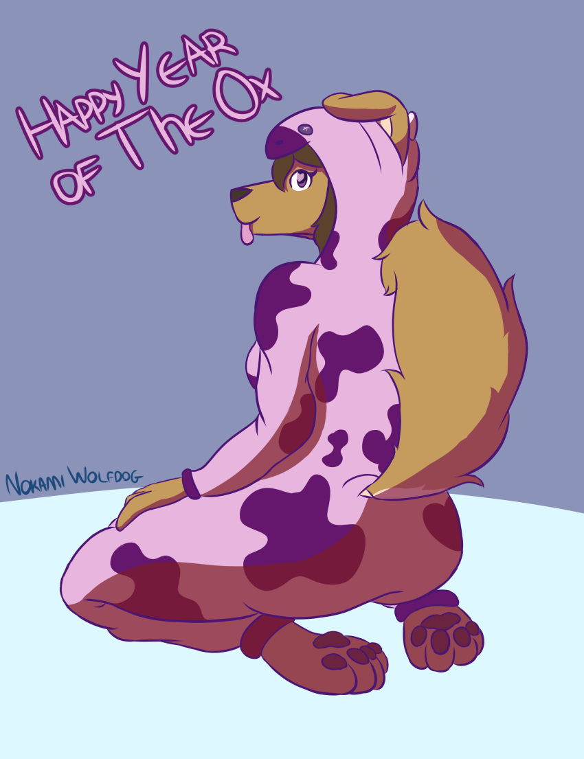 absurd_res animal_print anthro baggy_clothing big_butt breasts butt canid canine canis clothed clothing cow_print digital_media_(artwork) domestic_dog female hi_res huge_butt july_shepherd_(nokamiwd) mammal nokamiwd onesie solo thick_thighs