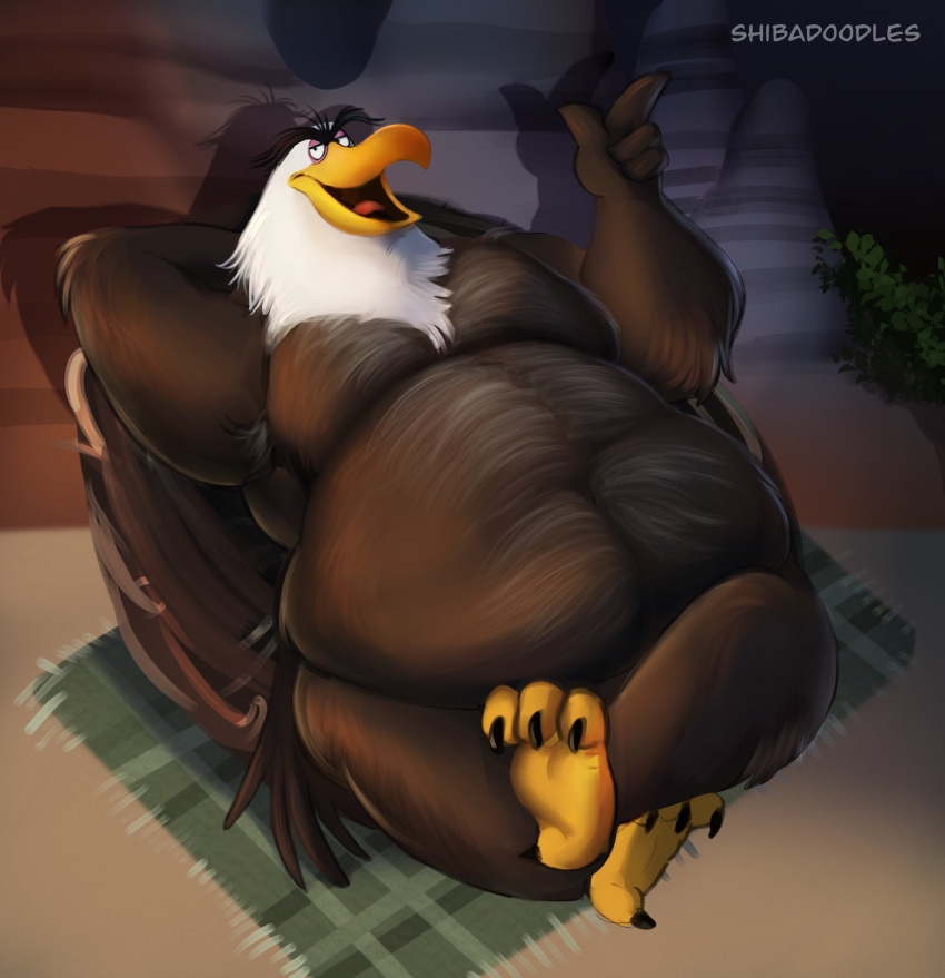2021 4_toes accipitrid accipitriform angry_birds anisodactyl anthro avian bald_eagle beak belly big_belly bird brown_body brown_feathers carpet claws crossed_legs detailed_background eagle feathered_wings feathers feet full-length_portrait fur grey_body grey_fur hand_behind_head hi_res leaning leaning_back looking_at_viewer love_handles male mature_male mighty_eagle multicolored_body multicolored_feathers navel nude overweight portrait sea_eagle shibadoodles signature solo talons toes video_games white_body white_feathers wings