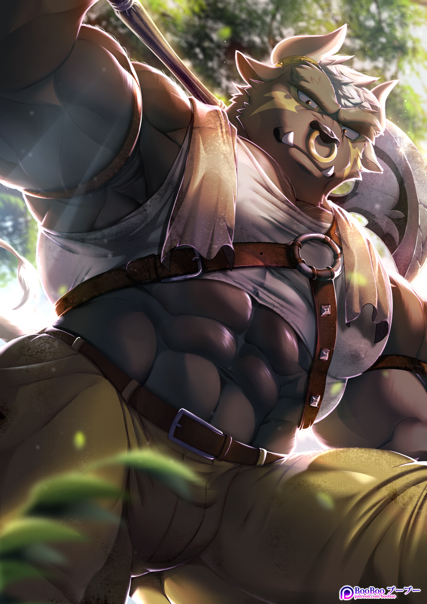 1boy abs absurdres animal_ears armpit_peek asterios_(tokyo_houkago_summoners) axe bara battle_axe biceps booboo_(19816236) brown_eyes brown_fur bulge chest_harness covered_nipples cow_ears cow_horns cowboy_shot fangs furry green_pants harness highres horns huge_filesize large_pectorals leather_belt looking_at_viewer male_cleavage male_focus midriff muscular muscular_male navel nose_piercing o-ring o-ring_top over_shoulder pants piercing reward_available short_hair sidepec solo stomach tank_top thick_eyebrows thick_thighs thighs tight tight_pants tokyo_houkago_summoners weapon weapon_over_shoulder white_tank_top