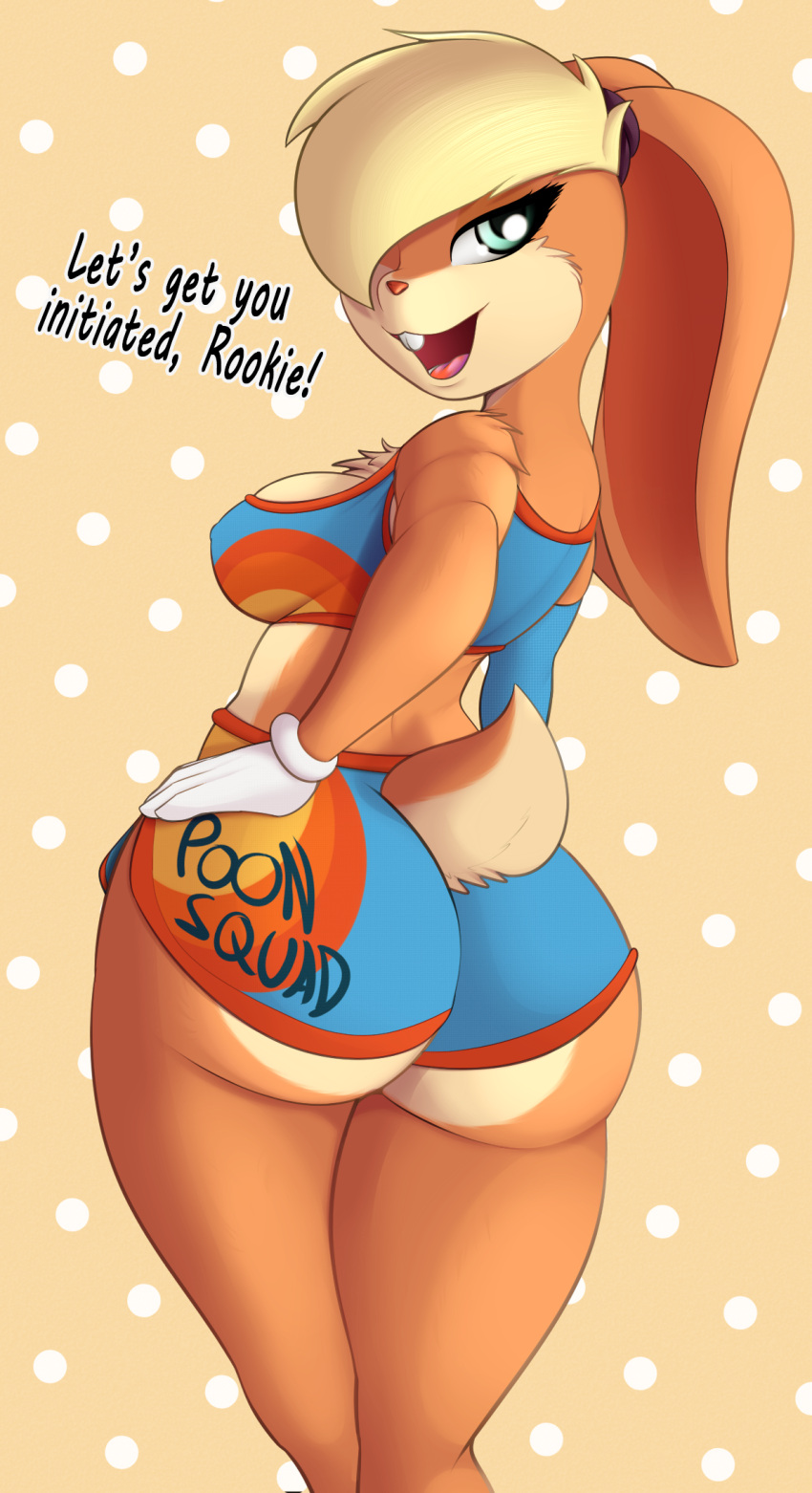 anthro big_butt booponies bottomwear butt clothing english_text female green_eyes hi_res lagomorph leporid lola_bunny looking_back looney_tunes mammal nipple_outline rabbit raised_tail shorts solo standing text text_on_bottomwear text_on_clothing text_on_shorts thick_thighs topwear vest warner_brothers