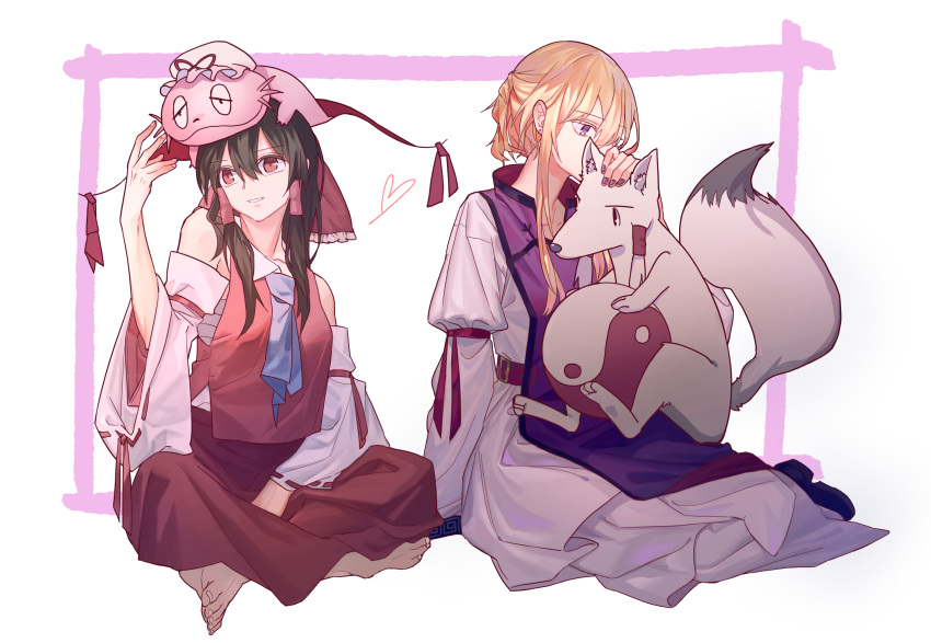 2girls animal_on_head animal_on_lap animalization arm_ribbon ascot axolotl ball bangs bare_shoulders barefoot blonde_hair boots bow brown_hair collarbone detached_sleeves dress eyebrows_visible_through_hair feet fox full_body gap_(touhou) hair_between_eyes hair_bow hair_tubes hair_up hakurei_reimu hakurei_reimu_(fox) heart highres indian_style long_hair long_skirt long_sleeves multiple_girls nail_polish no_hat no_headwear nontraditional_miko on_head on_lap orb ouka_musci petting purple_eyes purple_nails red_bow red_eyes red_shirt red_skirt ribbon ribbon-trimmed_sleeves ribbon_trim sarashi shirt sidelocks simple_background sitting skirt sleeveless sleeveless_shirt smile tabard tied_hair touhou white_dress wide_sleeves yakumo_yukari yakumo_yukari_(axolotl) yin_yang yin_yang_orb yokozuwari