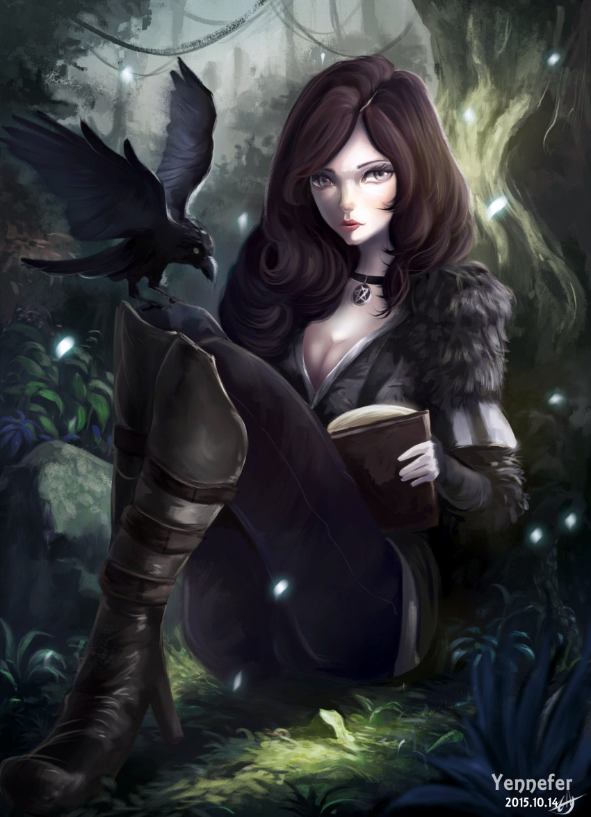 1girl absurdres airgate116 bird black_clothes black_footwear black_hair black_pants book boots breasts choker cleavage forest highres jewelry long_hair nature necklace pants pentagram pentagram_pendant raven_(animal) sitting the_witcher the_witcher_3 wavy_hair yennefer