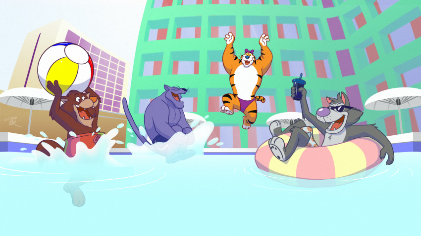 16:9 anthro ball beach_ball blue_nose brown_body brown_fur canid canine canis chip_the_wolf clothing cookie_crisp cup danimals felid feline felis frosted_flakes fruit_brute fur gepredators group hi_res inner_tube kellogg's male mammal mascot monster_cereals orange_body orange_fur pantherine purple_body purple_fur speedo striped_body striped_fur stripes swimming swimming_pool swimming_trunks swimwear tiger tony_the_tiger water white_body white_fur widescreen wildcat wolf xl_wildcat