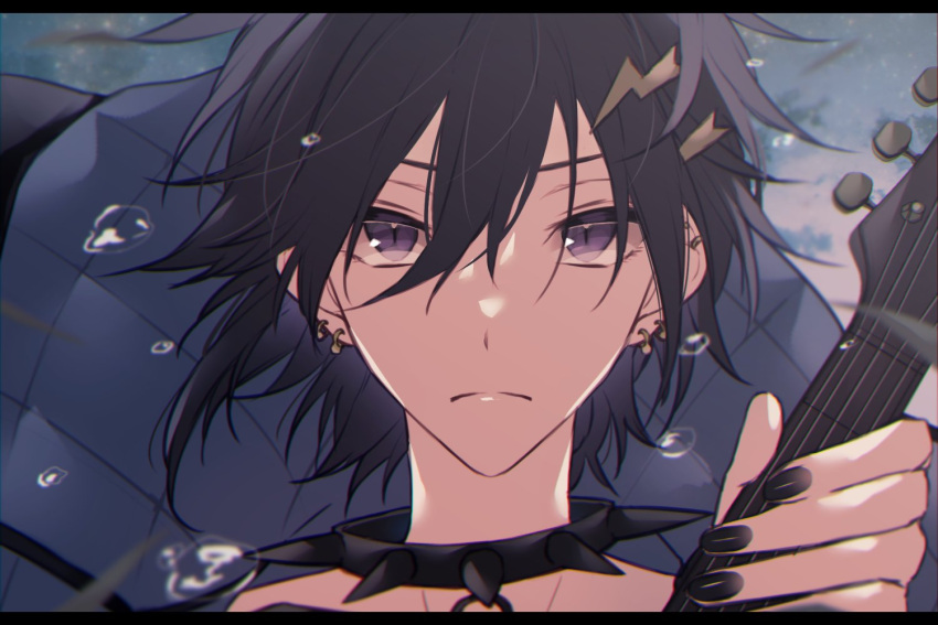 1boy black_hair black_nails closed_mouth collar ear_piercing face hair_ornament holostars kanade_izuru lightning_bolt lightning_bolt_hair_ornament looking_at_viewer male_focus nail_polish piercing purple_eyes solo spiked_collar spikes virtual_youtuber xmayo0x