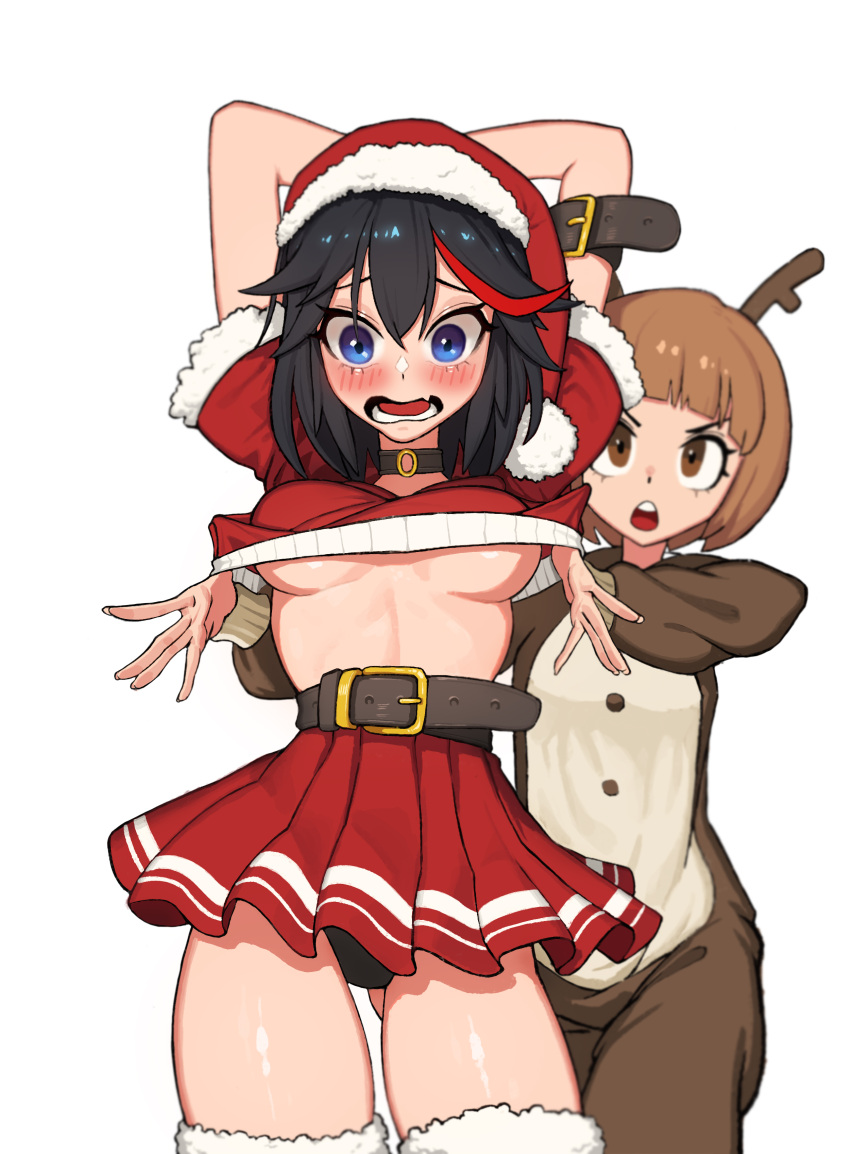 2girls absurdres alternate_costume animal_costume antlers arm_strap ass_visible_through_thighs belt black_hair black_panties blue_eyes blush breasts brown_eyes brown_hair clothes_lift commentary cowboy_shot cropped_sweater embarrassed english_commentary eyelashes fake_antlers fang fur-trimmed_legwear fur_trim hair_between_eyes hand_under_clothes hat hellk111 highres kill_la_kill looking_at_viewer mankanshoku_mako matoi_ryuuko medium_breasts miniskirt multicolored_hair multiple_girls open_mouth panties pantyshot pleated_skirt pom_pom_(clothes) red_hair red_headwear red_skirt red_sweater reindeer_costume santa_costume santa_hat short_hair simple_background skin_fang skirt streaked_hair surprised sweater sweater_lift tareme thighhighs thighs two-tone_hair underboob underwear white_background