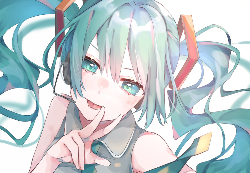 1girl aqua_eyes aqua_hair collared_shirt eme_(emeralda) eyebrows_visible_through_hair fingers_to_cheek green_neckwear grey_shirt hair_between_eyes hatsune_miku looking_at_viewer necktie shirt sleeveless solo tongue tongue_out twintails upper_body vocaloid w white_background