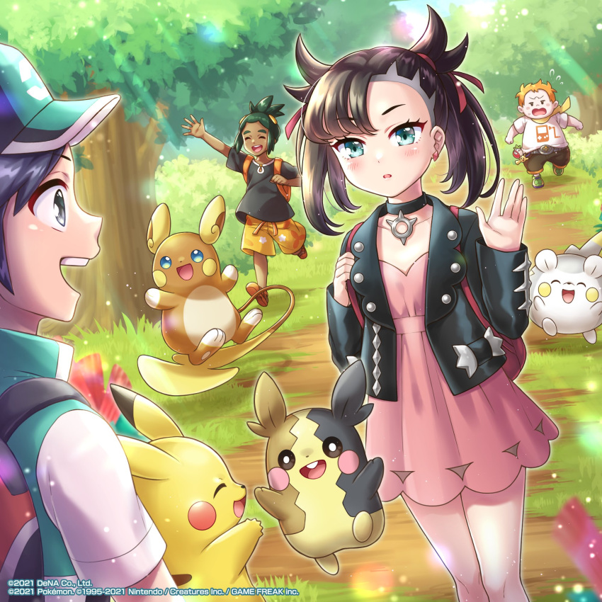 1girl 3boys alolan_form alolan_raichu asymmetrical_bangs backpack bag bangs black_choker black_hair black_jacket black_shirt choker closed_eyes commentary dark_skin dark_skinned_male day dress earrings english_commentary floral_print flying_sweatdrops gen_1_pokemon gen_7_pokemon gen_8_pokemon grass green_eyes green_hair hair_ribbon hand_up hat hau_(pokemon) highres jacket jewelry light_beam marnie_(pokemon) mono_land morpeko morpeko_(full) multiple_boys open_clothes open_jacket open_mouth orange_bag orange_footwear outdoors path pikachu pink_dress pokemon pokemon_(creature) pokemon_(game) pokemon_masters_ex pokemon_sm pokemon_swsh red_ribbon ribbon running scottie_(pokemon) shirt shoes short_sleeves smile sophocles_(pokemon) standing teeth togedemaru tongue tree trial_captain watermark waving |d