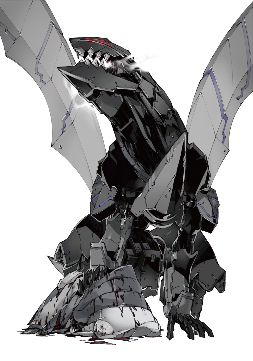 dragon highres kurogane_no_linebarrel looking_up mecha mecha_request mechanical_dragon no_humans open_mouth red_eyes science_fiction sharp_teeth shimoguchi_tomohiro solo standing teeth