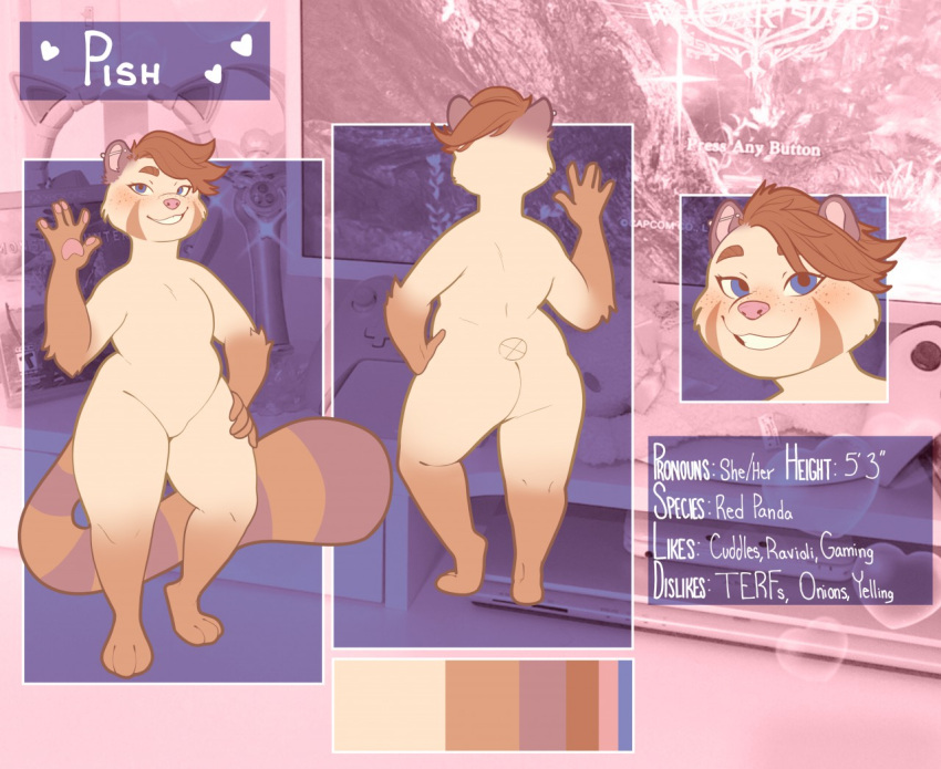 5_fingers ailurid ambiguous_gender blue_eyes brown_hair butt ear_piercing english_text featureless_crotch female_(lore) fingers hair industrial_piercing mammal model_sheet nude piercing pink_nose pish_(softsorbet) red_panda smile softsorbet standing text