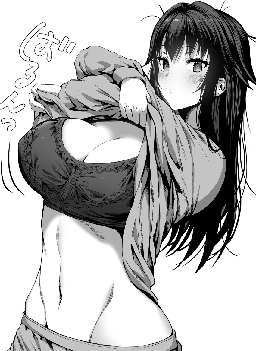 1girl bangs blush bra breasts cleavage crossed_arms gibagiba greyscale highres large_breasts long_hair monochrome navel original shirt_lift stomach translation_request underwear