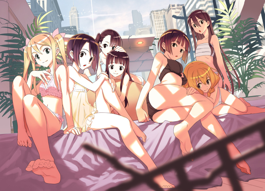 6+girls akamatsu_ken ass bra breasts cover cover_page flat_chest full_body highres konoe_honoka konoe_isana long_hair medium_breasts multiple_girls official_art panties sakurame_kirie sarashi short_hair siblings sisters small_breasts tokisaka_kuroumaru twins underwear underwear_only uq_holder! yukihiro_mizore yuuki_karin yuuki_shinobu_(uq_holder!)