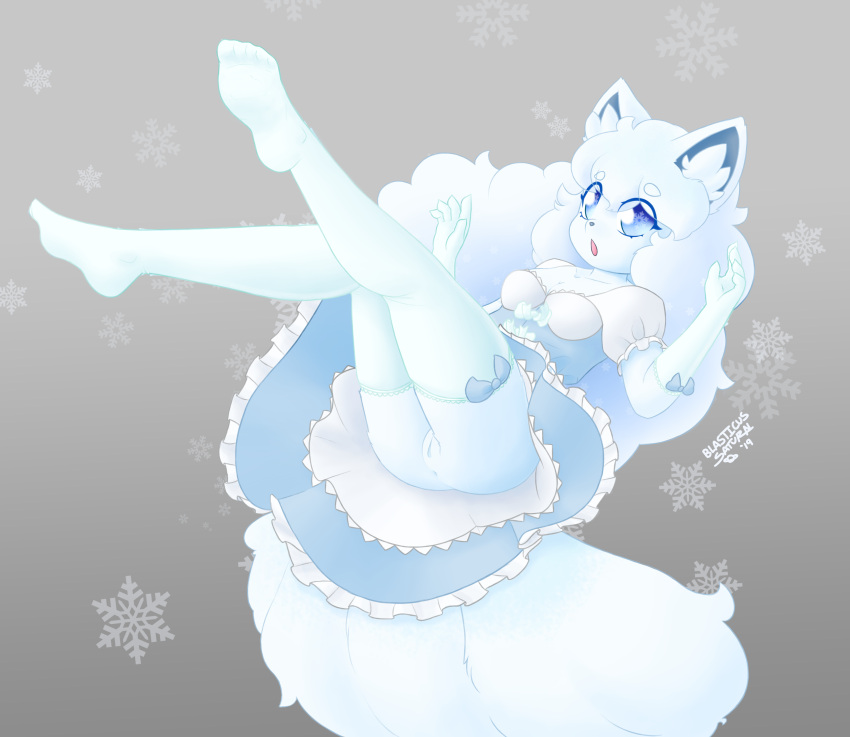 absurd_res alolan_vulpix anthro armwear blasticussaturn blue_eyes bow clothing dress elbow_gloves female fur genitals gloves hair handwear hi_res inner_ear_fluff leggings legwear looking_at_viewer nintendo open_mouth pok&eacute;mon pok&eacute;mon_(species) pussy regional_form_(pok&eacute;mon) signature simple_background snowflake solo thigh_highs tuft upskirt video_games white_body white_fur white_hair