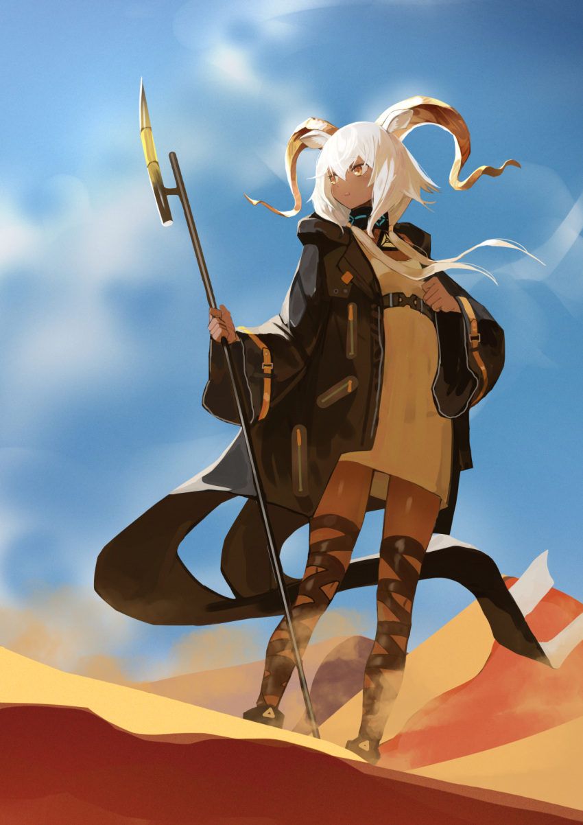 1girl animal_ears arknights beeswax_(arknights) black_coat black_footwear blue_sky blush breasts coat commentary dark_skin dark_skinned_female day desert dress full_body goat_ears goat_horns hair_between_eyes highres holding holding_staff horns infection_monitor_(arknights) leg_wrap long_hair mannouyakunta open_clothes open_coat open_mouth orange_eyes outdoors shade sky small_breasts solo staff standing sunlight twintails white_dress white_hair wide_sleeves wind