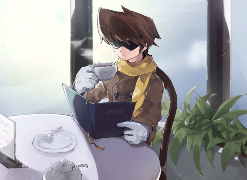 1boy alternate_costume bangs blues_(rockman) brown_coat brown_hair buttons cafe chair chikichi closed_mouth coat coffee commentary cup drink english_commentary gloves hand_up highres holding holding_cup indoors jpeg_artifacts long_sleeves male_focus menu mixed-language_commentary plant plate reading rockman rockman_3 scarf short_hair solo spoon steam sugar_bowl sunglasses swept_bangs table teacup white_gloves window yellow_scarf