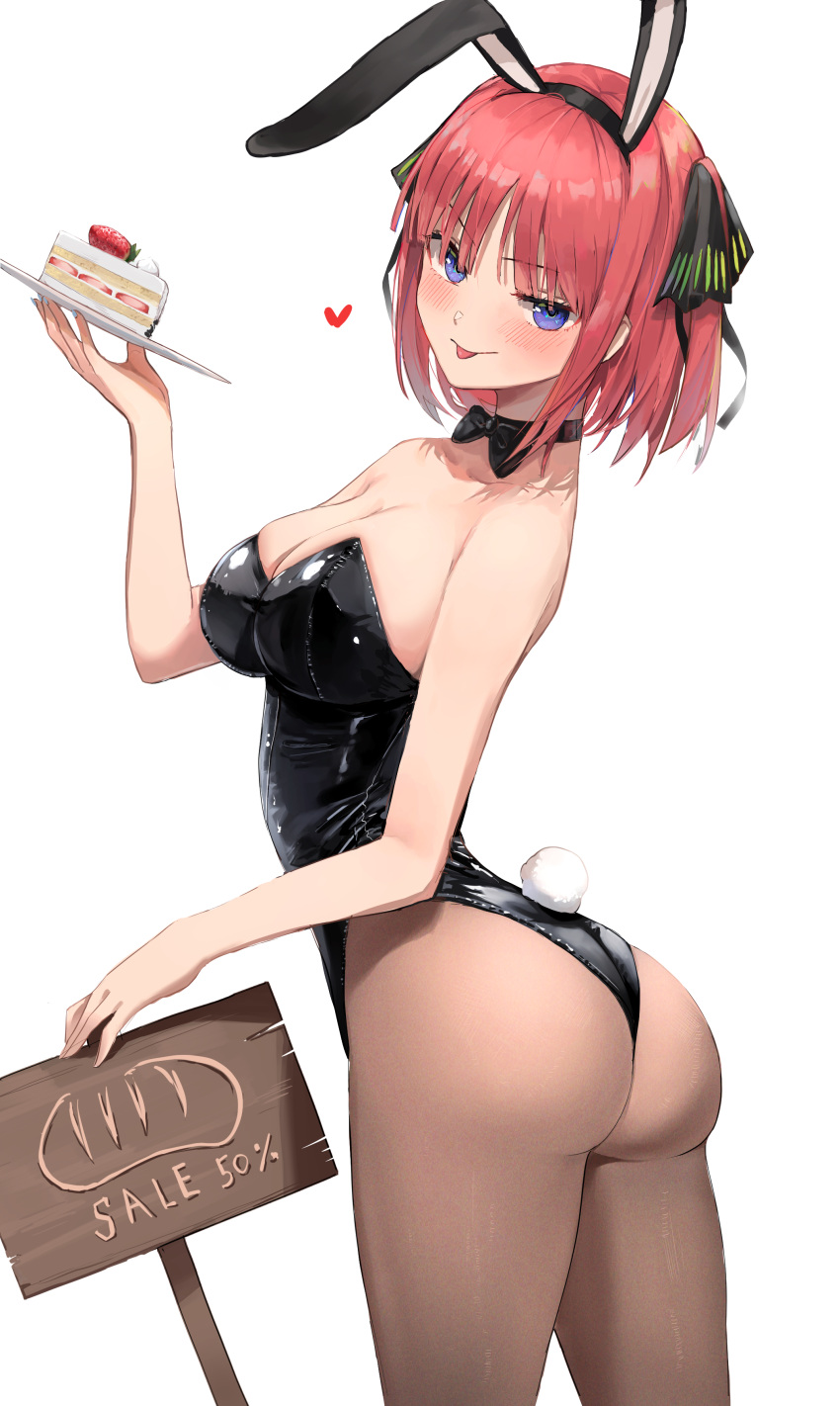 1girl :p absurdres animal_ears ass bangs black_choker black_neckwear black_ribbon blue_eyes blunt_bangs bow breasts brown_legwear bunny_ears bunny_tail cake choker cleavage fake_animal_ears fake_tail food fruit go-toubun_no_hanayome hair_ribbon heart highres holding holding_plate large_breasts looking_at_viewer nakano_nino necktie pantyhose pigone plate playboy_bunny red_hair ribbon short_hair smile solo strawberry tail tongue tongue_out