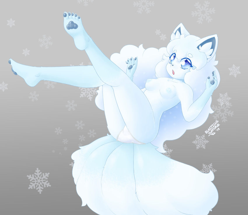absurd_res alolan_vulpix anthro blasticussaturn blue_eyes butt clothing female fur hair hi_res inner_ear_fluff looking_at_viewer nintendo nipples open_mouth panties pawpads pok&eacute;mon pok&eacute;mon_(species) regional_form_(pok&eacute;mon) signature simple_background snowflake solo tuft underwear video_games white_body white_fur white_hair