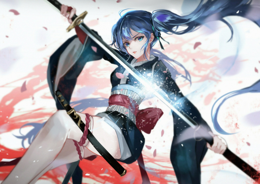 1girl ahoge bangs blue_eyes blue_hair bridal_gauntlets floating_hair gloves hair_ribbon highres holding holding_sword holding_weapon japanese_clothes kimono long_hair long_sleeves looking_at_viewer obi original parted_lips petals red_gloves ribbon sash scabbard sheath solo sword tachi_(weapon) thigh_strap thighhighs vardan very_long_hair wakizashi weapon white_legwear wide_sleeves