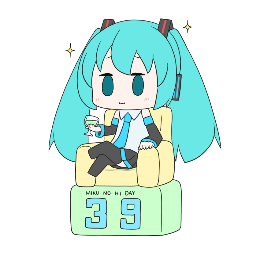 1girl 39 :3 absurdres aqua_eyes aqua_hair aqua_neckwear bare_shoulders black_legwear black_sleeves character_name chibi commentary couch crossed_legs cup detached_sleeves drinking_glass furrowed_eyebrows grey_shirt hair_ornament hatsune_miku headphones highres light_blush long_hair necktie romaji_text shirt sitting skirt sleeveless sleeveless_shirt smug solid_oval_eyes solo sparkle thighhighs twintails very_long_hair vocaloid white_background wine_glass yuta1147