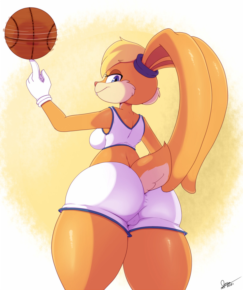 anthro basketball bigdon1992 blue_eyes breasts butt clothing female hi_res lagomorph leporid lola_bunny looking_at_viewer looking_back looney_tunes mammal rabbit side_boob solo space_jam tight_clothing warner_brothers
