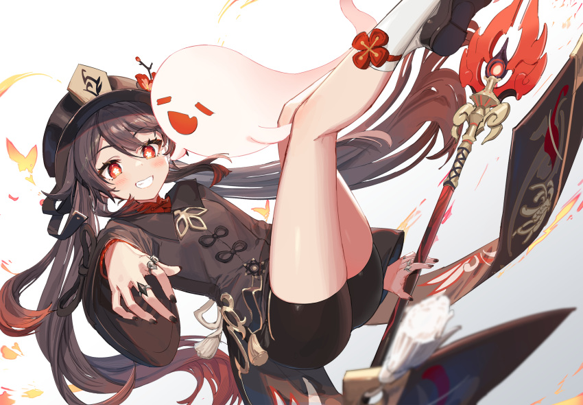 1girl bangs black_coat black_headwear black_shorts blush breasts brown_hair coat coattails flower genshin_impact ghost grin hat hat_flower highres hu_tao_(genshin_impact) long_hair long_sleeves looking_at_viewer plum_blossoms polearm red_eyes shorts small_breasts smile solo spear staff_of_homa_(genshin_impact) symbol-shaped_pupils thighs twintails very_long_hair weapon yu-ri