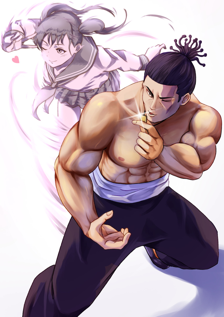 1boy 1girl abs absurdres bangs biceps black_eyes black_hair black_pants closed_mouth foot_out_of_frame hair_pulled_back heart highres holding holding_jewelry holding_necklace jewelry jujutsu_kaisen long_sleeves looking_away muscular muscular_male necklace one_eye_closed open_mouth painapo pants pectorals sailor sailor_collar scar scar_on_face shirtless short_hair short_ponytail simple_background skirt smile sparkle standing takada-chan toudou_aoi_(jujutsu_kaisen) twintails v white_background