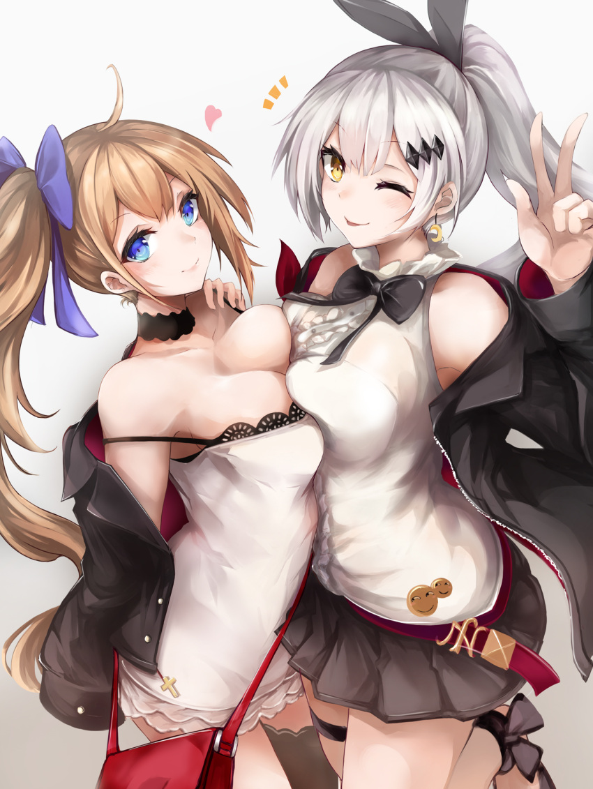 2girls ;p asymmetrical_docking black_jacket blonde_hair blue_eyes blush bow breast_press breasts choker cleavage fal_(girls'_frontline) fingernails five-seven_(girls'_frontline) girls'_frontline grey_hair hair_bow hand_on_own_chest heart highres jacket lace lace_choker long_tail marche_mk14 medium_breasts multiple_girls notice_lines off_shoulder one_eye_closed ponytail purple_bow shirt smile spaghetti_strap strap_slip symmetrical_docking tail thighhighs thighs tongue tongue_out v white_background white_shirt