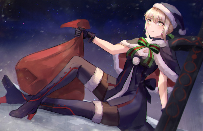 artoria_pendragon_(all) bag black_gloves blonde_hair boots christmas fate/grand_order fate_(series) gift gift_bag gloves green_ribbon highres holding holding_bag jacket kyo_(maae00) merry_christmas ribbon saber_alter santa_alter short_hair sitting yellow_eyes